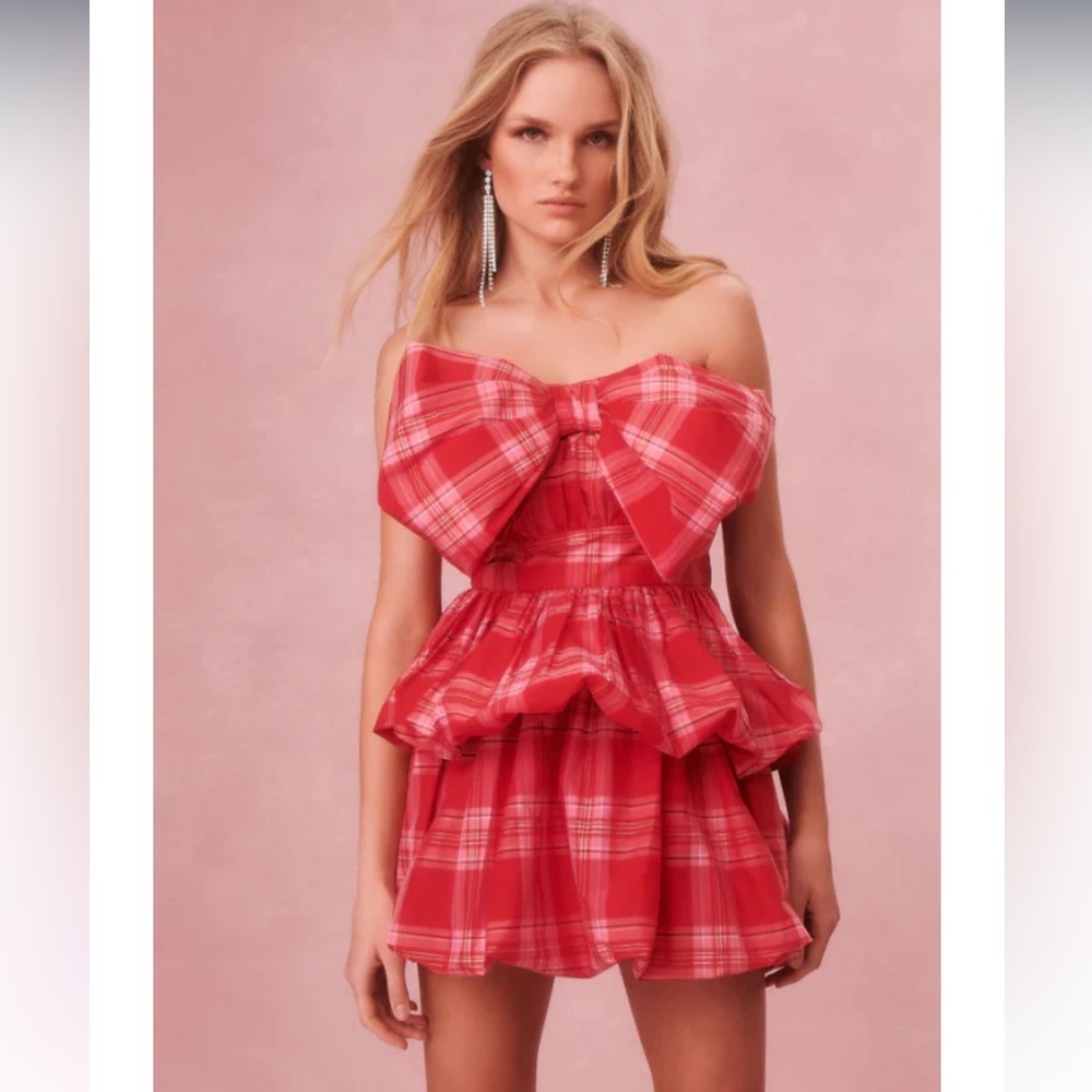 Loveshackfancy Francie Taffeta‎ Bow Plaid Mini Dress